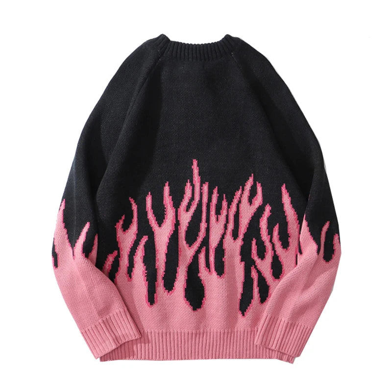 hip hop mens streetwear harajuku knitted sweater fire flame autumn winter new o neck sweater pullover loose retro vintage cotton urban wear with bold artwork, high quality cotton pullover, aesthetic street look hoodie