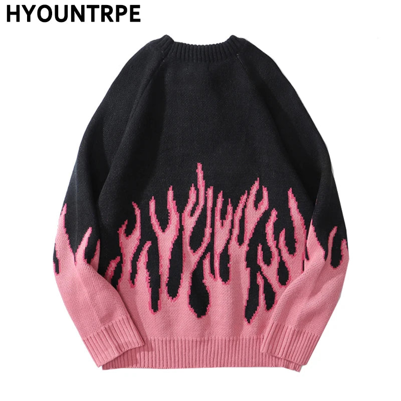 hip hop mens streetwear harajuku knitted sweater fire flame autumn winter new o neck sweater pullover loose retro vintage cotton urban wear with bold artwork, high quality cotton pullover, aesthetic street look hoodie