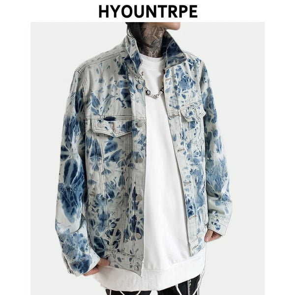 casual layering jacket featuring fashion tie dyed jeans jackets coat men casual single breasted turn down collar denim streetwear new hip hop outerwear jacket design – premium quality jacket for men