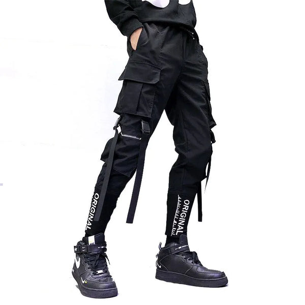 hip hop men ribbons cargo pants fashion harajuku 2023 new elastic waist casual streetwear mens joggers trousers black relaxed fit joggers