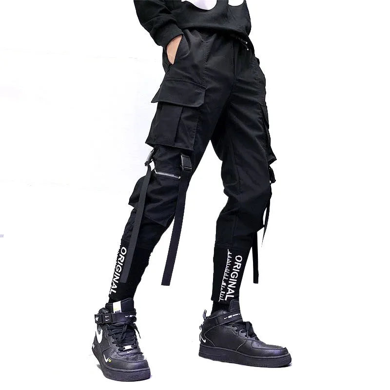 hip hop men ribbons cargo pants fashion harajuku 2023 new elastic waist casual streetwear mens joggers trousers black relaxed fit joggers