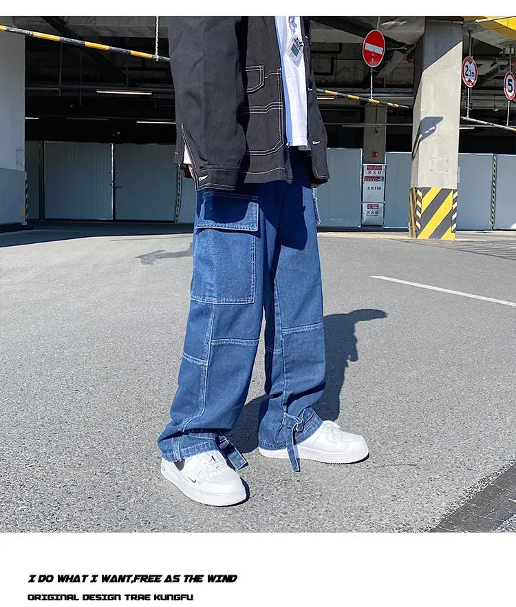 men jeans wide leg denim pants loose straight baggy mens jeans hip hop streetwear skateboard neutral denim trousers cargo jeans unique cargo style 2658