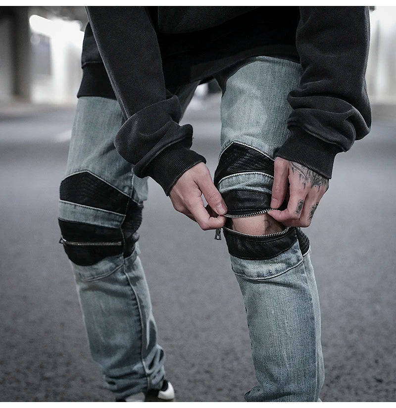 knee zipper hole patckwork skinny denim jeans men casual slim biker trousers jeans fashion streetwear hip hop jean pants joggers unique joggers style 1029