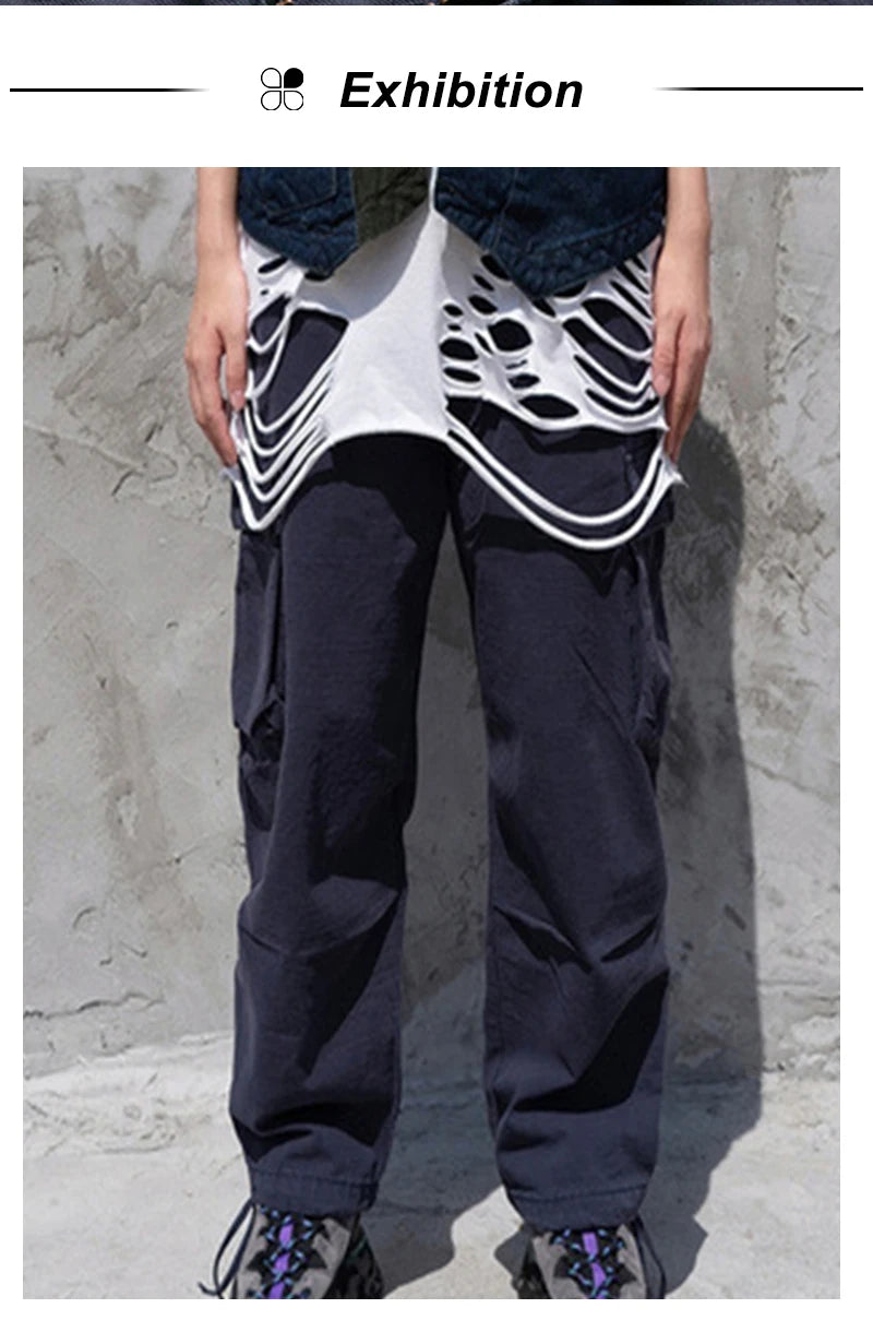 rainbowtouches high street overalls mens big pocket straight pants ins trendy hip hop loose casual close up wide leg trousers unique default style 4906
