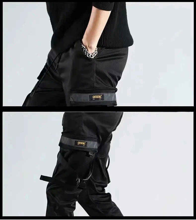 ribbons harem joggers men cargo pants streetwear 2023 hip hop casual pockets track pants male harajuku fashion trousers unique joggers style 2859