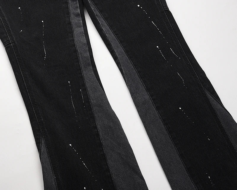 high street retro spotted ink contrast color flared jeans pants male wide leg plus size patchwork ripped denim trousers unique jeans style 117