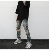 high street butterfly embroidery knee ripped hole jeans mens casual hip hop distressed jeans slim fit skinny denim pants joggers unique joggers style 1890