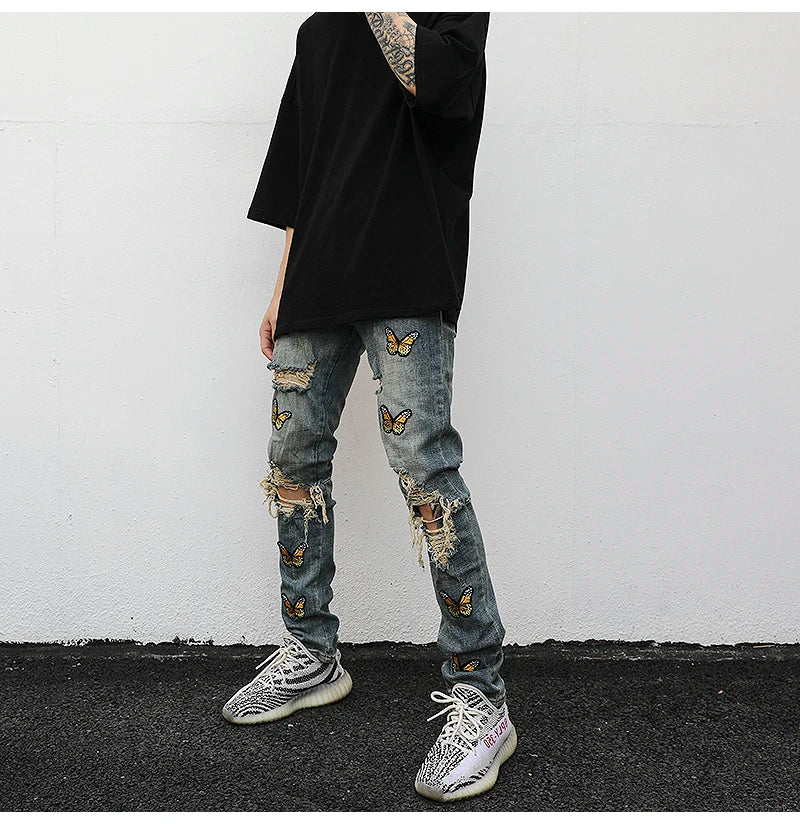 high street butterfly embroidery knee ripped hole jeans mens casual hip hop distressed jeans slim fit skinny denim pants joggers unique joggers style 1890