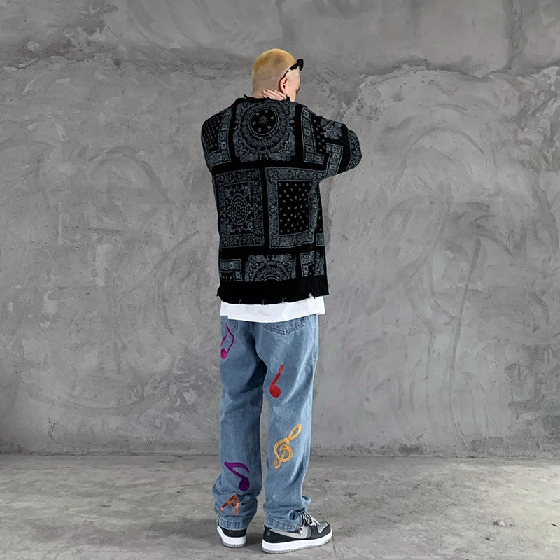 hip hop paisley printed ripped knitted holes sweater mens autumn winter long sleeve pullover streetwear loose sweaters clothing aesthetic street look hoodie, high quality cotton pullover, oversized graphic print design