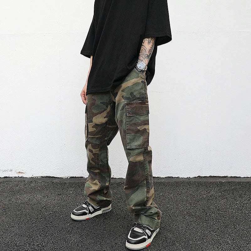 streetwear mens hip hop camouflage flare pants fashionable camo cargo pants male slim fit camouflage trousers women all match baggy cargo bottoms
