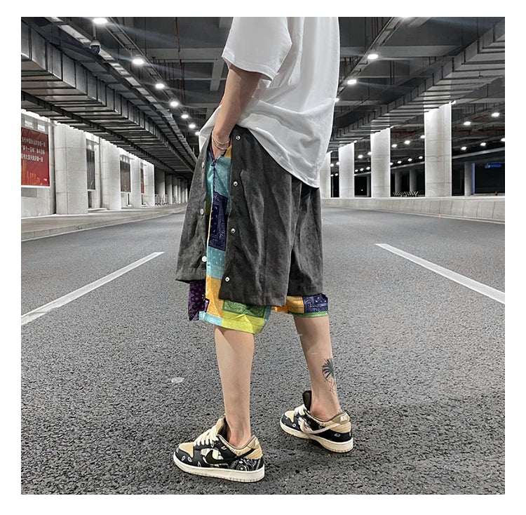 men side buttons patchwork harajuku straight shorts new elastic waist short pants joggers hip hop streetwear casual sweatshorts unique joggers style 1085