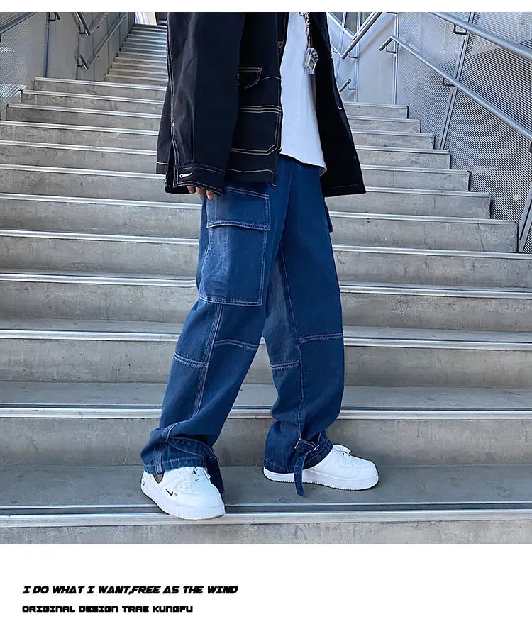 men jeans wide leg denim pants loose straight baggy mens jeans hip hop streetwear skateboard neutral denim trousers cargo jeans unique cargo style 2657