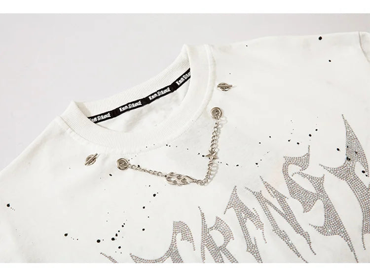 Aolamegs Sweatshirt Men Diamond Letter Inkjet Printed Fashion Chain O-Neck Pullover Autumn High Street All-match Cool Streetwear
