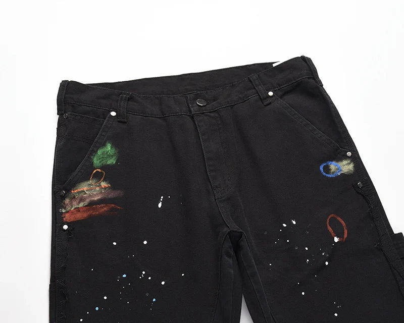 2023 streetwear graffiti cargo flared jeans khaki black splash ink wide leg denim pant hip hop cargo trousers jean men unique cargo style 5167