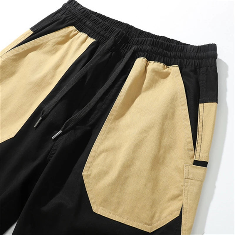 rainbowtouches men fashion retro casual splicing solid color straight cargo zipper pocket pants hip hop high street long trouser unique cargo style 3165