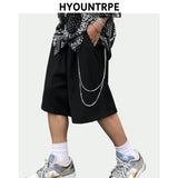 mens shorts summer casual black zipper elastic waist straight short pants with chain new hip hop streetwear loose shorts joggers relaxed fit joggers