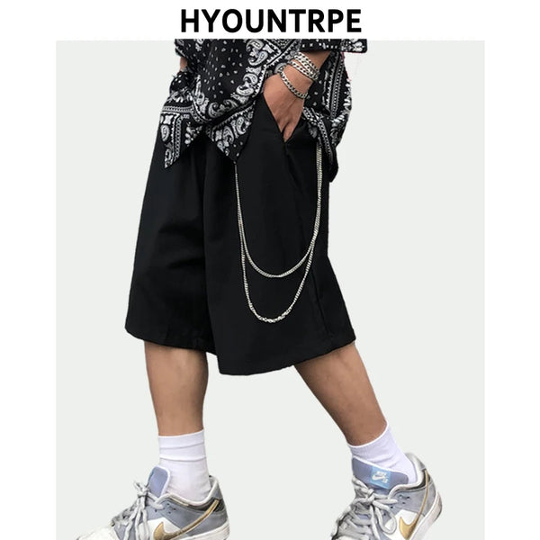 mens shorts summer casual black zipper elastic waist straight short pants with chain new hip hop streetwear loose shorts joggers relaxed fit joggers