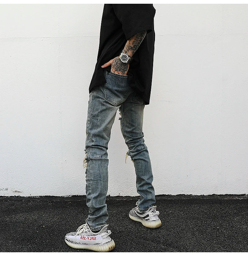 high street butterfly embroidery knee ripped hole jeans mens casual hip hop distressed jeans slim fit skinny denim pants joggers unique joggers style 1892