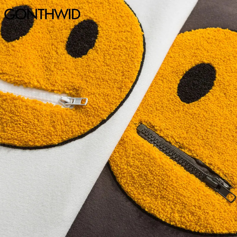 Gonthwid Hoodies Streetwear Hip Hop Zipper Pocket Smile Face Patchwork