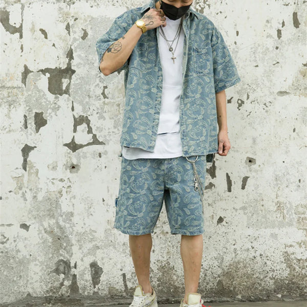 2 Pieces Sets Mens Fashion Embroidery Single Breasted Denim Jeans  Shirts and Straight Zipper Shorts Joggers Streetwear Sets