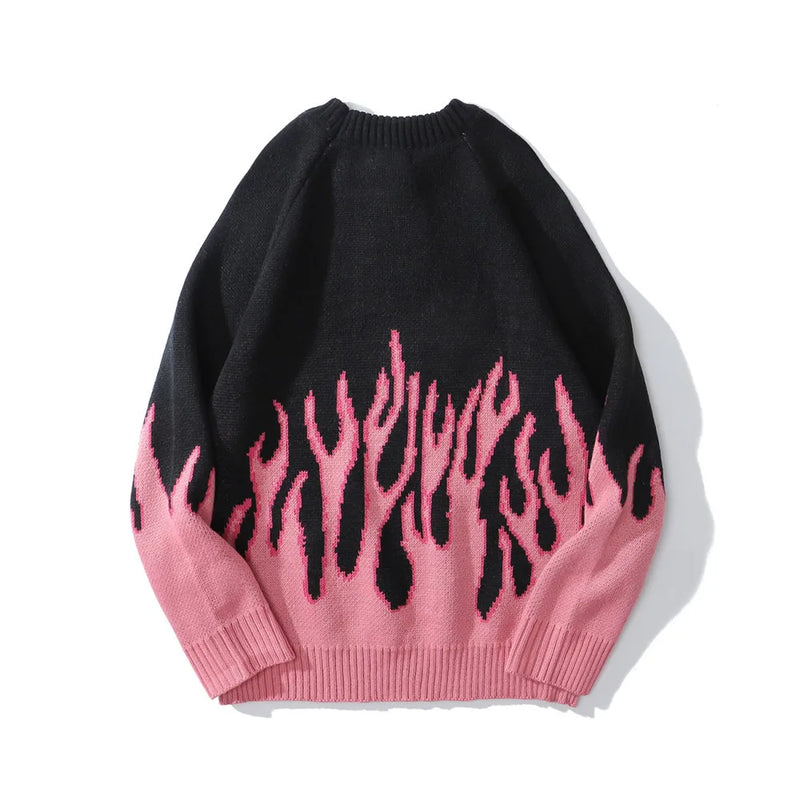 hip hop mens streetwear harajuku knitted sweater fire flame autumn winter new o neck sweater pullover loose retro vintage cotton aesthetic street look hoodie, Y2K vintage urban hoodie, high quality cotton pullover