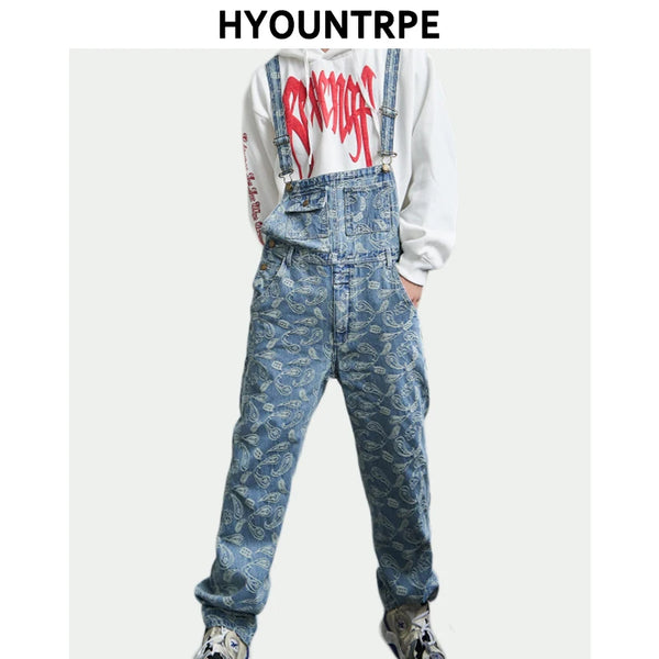 hip hop denim suspender trousers 2019 spring mens new fashion embroidery denim jeans jumpsuit loose straight casual pants stacked flare jeans