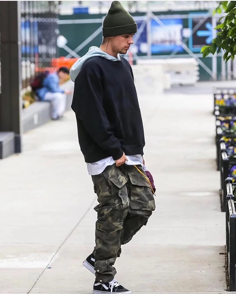 camouflage cargo pants men vintage side multi pocket button mens camou straight trousers streetwear military overalls for male unique cargo style 2081