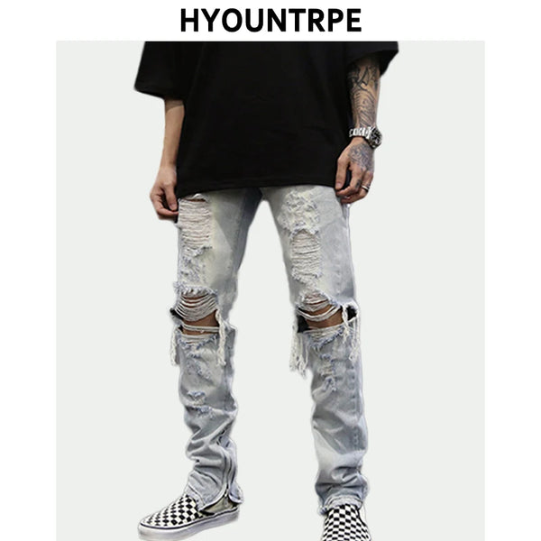 bottom zipper knee holes denim jeans destroyed ripped slim mens biker jeans new men fashion streetwear hip hop pants joggers relaxed fit joggers
