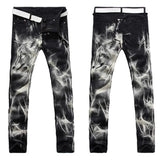 mens fashion wolf printed denim jeans new spring summer slim black painted straight pants cool streetwear male long trousers unique jeans style 452