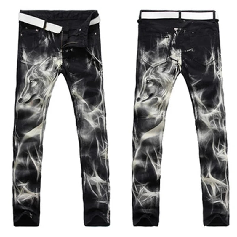 mens fashion wolf printed denim jeans new spring summer slim black painted straight pants cool streetwear male long trousers unique jeans style 452