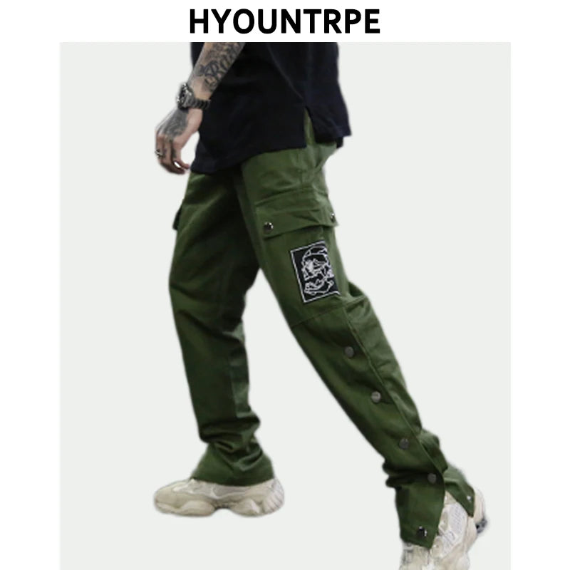 mens casual hip hop joggers side button trouser elastic waist drawstring sweatpants 2019 new cargo pockets streetwear man pants relaxed fit joggers
