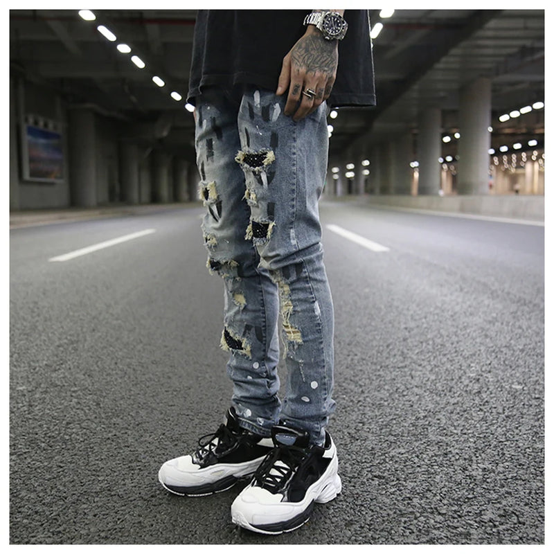 graffiti printed ripped destroied denim jean mens distressed biker jeans with sequins 2018 fashion high street slim pants jogger unique joggers style 3338