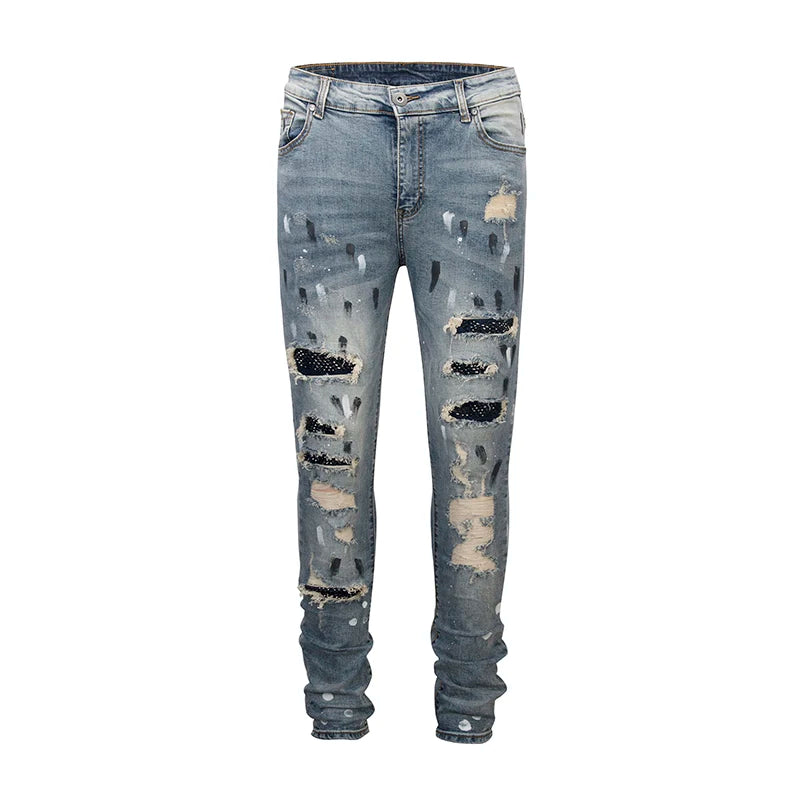 graffiti printed ripped destroied denim jean mens distressed biker jeans with sequins 2018 fashion high street slim pants jogger unique joggers style 3346