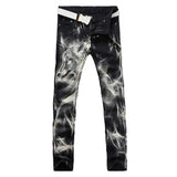 mens fashion wolf printed denim jeans new spring summer slim black painted straight pants cool streetwear male long trousers ripped baggy denim
