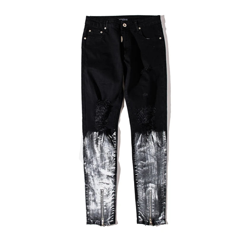 bottom graffiti printed zipper denim jeans mens ripped knee hole biker jean motorcycle slim trousers streetwear hip hop pants unique jeans style 2715