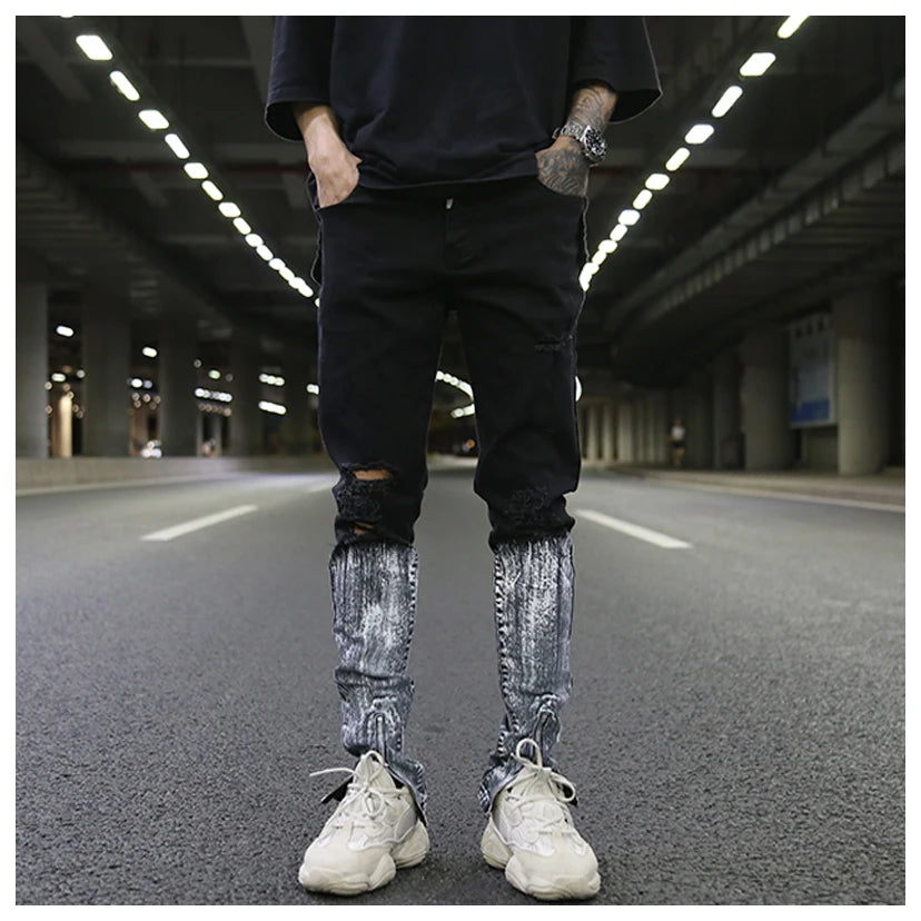bottom graffiti printed zipper denim jeans mens ripped knee hole biker jean motorcycle slim trousers streetwear hip hop pants unique jeans style 2710