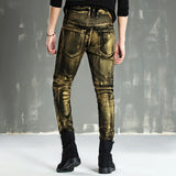 designer metal printed punk style jeans for men motorcycle vintage zipper hip hop coated pants 2018 new streetwear biker pants unique jeans style 2226