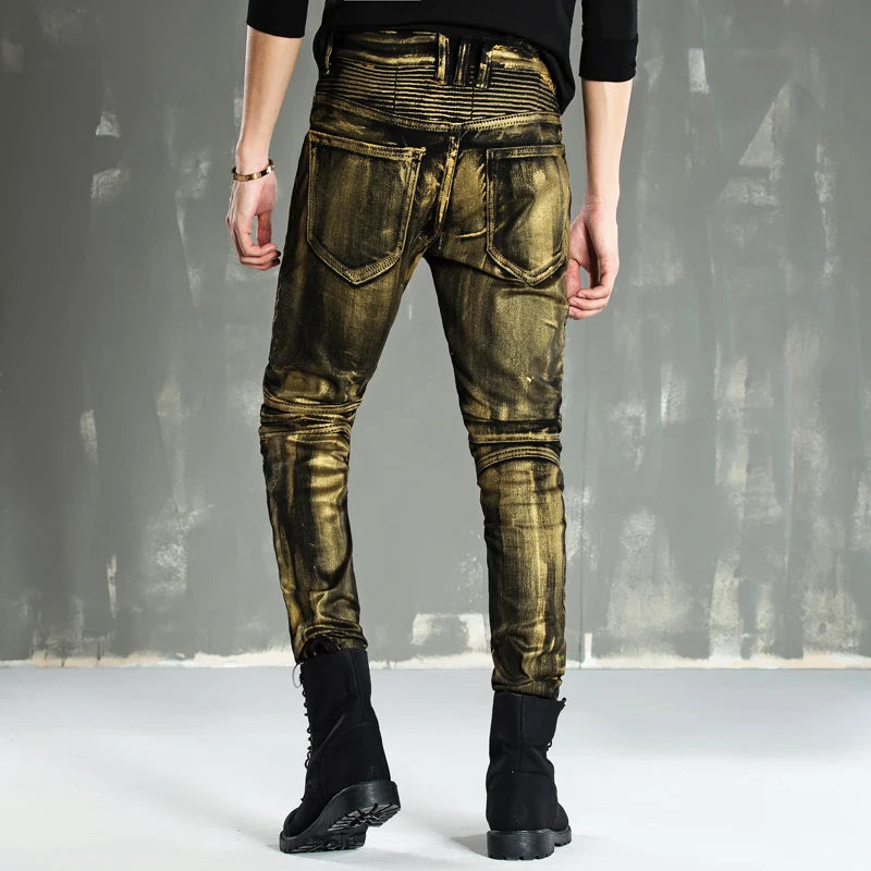 designer metal printed punk style jeans for men motorcycle vintage zipper hip hop coated pants 2018 new streetwear biker pants unique jeans style 2226