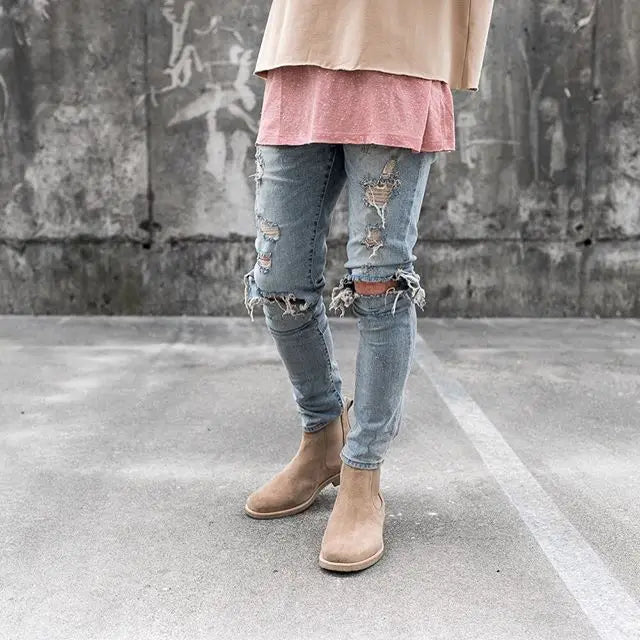 fashion designed slim fit ripped biker jeans hi street mens distressed denim joggers knee holes washed destroyed jeans men pants unique joggers style 1677