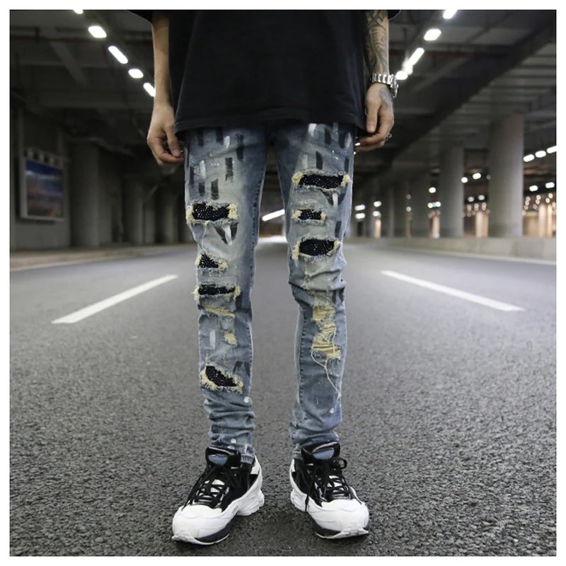 graffiti printed ripped destroied denim jean mens distressed biker jeans with sequins 2018 fashion high street slim pants jogger unique joggers style 3336