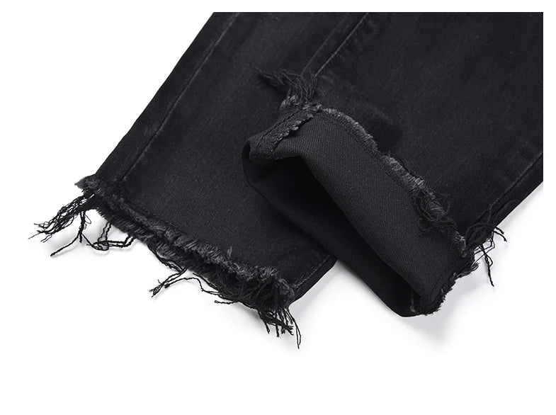 embroidery knee ripped hole jeans for men hip hop skinny biker destroyed taped jeans slim fit black denim pants 2018 new jogger unique joggers style 2182