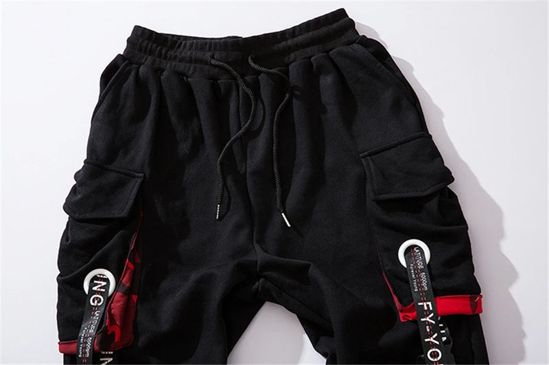 hip hop ribbons cargo pants men joggers pants streetwear men 2023 fashion mens elastic waist pant ribbons cotton black hw203 unique joggers style 2438