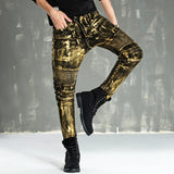 designer metal printed punk style jeans for men motorcycle vintage zipper hip hop coated pants 2018 new streetwear biker pants unique jeans style 2227