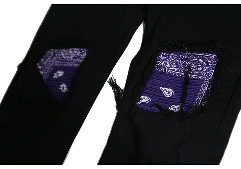 knee patchwork jeans for men hip hop skinny biker taped jean trousers slim fit black denim pants fashion streetwear jogger unique joggers style 961