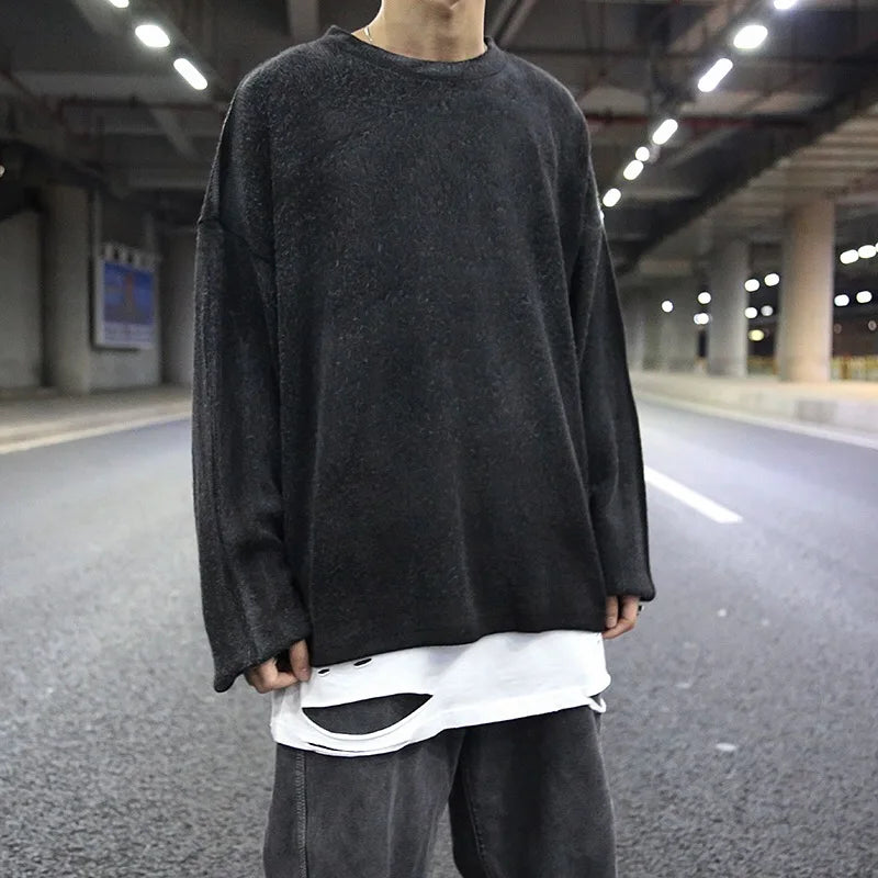 high street vintage wash sweater men loose knitted pullovers long sleeve hip hop oversize sweaters autumn casual jumper knitwear Y2K vintage urban hoodie, oversized graphic print design, trendy hip hop style outerwear