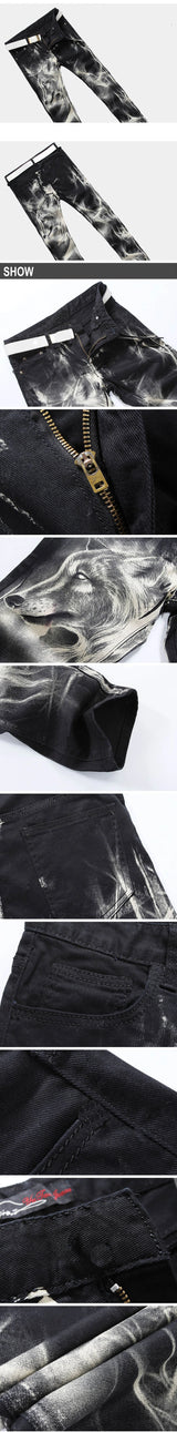 mens fashion wolf printed denim jeans new spring summer slim black painted straight pants cool streetwear male long trousers unique jeans style 460