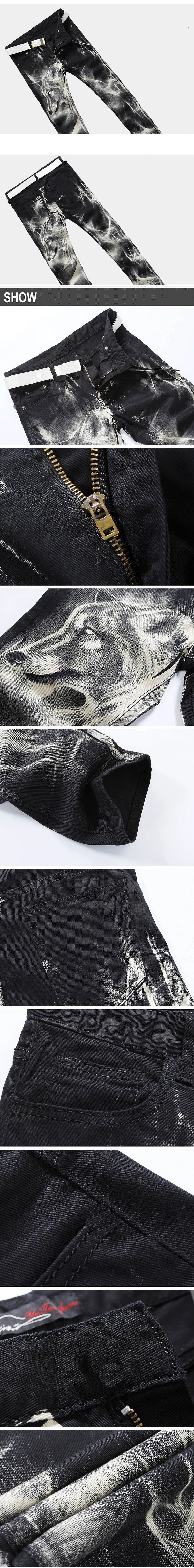 mens fashion wolf printed denim jeans new spring summer slim black painted straight pants cool streetwear male long trousers unique jeans style 460