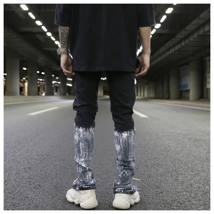 bottom graffiti printed zipper denim jeans mens ripped knee hole biker jean motorcycle slim trousers streetwear hip hop pants unique jeans style 2713