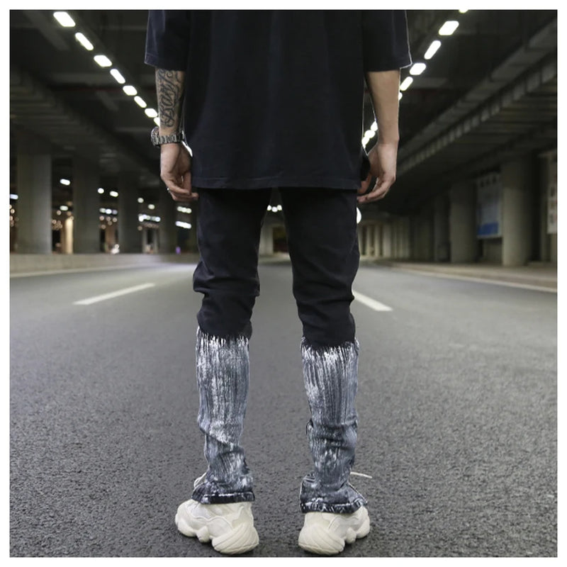bottom graffiti printed zipper denim jeans mens ripped knee hole biker jean motorcycle slim trousers streetwear hip hop pants unique jeans style 2713