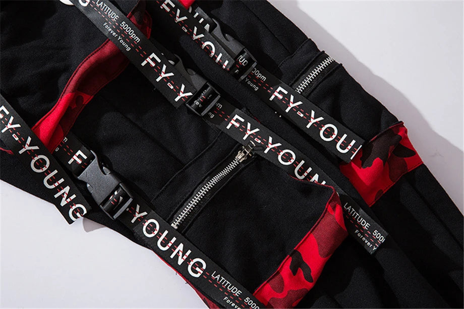 hip hop ribbons cargo pants men joggers pants streetwear men 2023 fashion mens elastic waist pant ribbons cotton black hw203 unique joggers style 2443